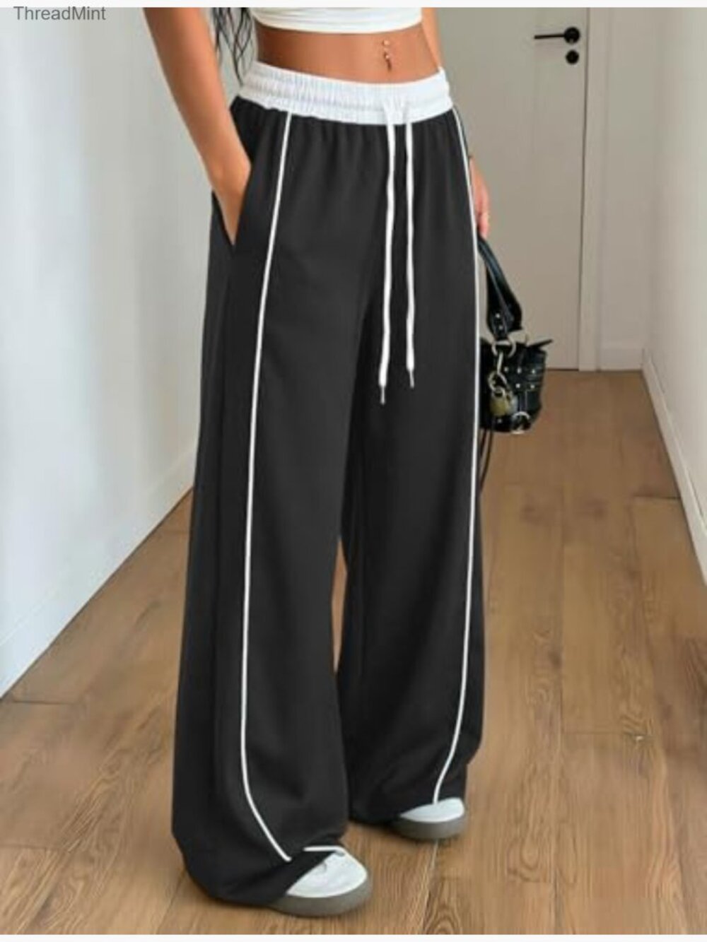 Y2K Wide Leg Cargo Sweatpants Drawstring Waist Jogger Pockets - Picture 4 of 7
